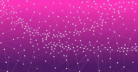 Abstract background with a network of connected white dots and lines. Digital plexus structure on a pink and purple gradient, representing technology and data. © JustPrint