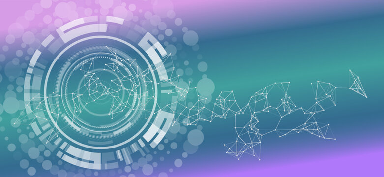 Abstract technology background featuring a futuristic circular interface and a digital plexus network. Concepts of data, connection, and global communication.