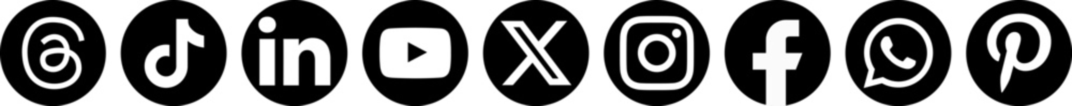 Social media icons located in black circular frames, global communication platforms and digital networks, collection of logos of popular Internet applications