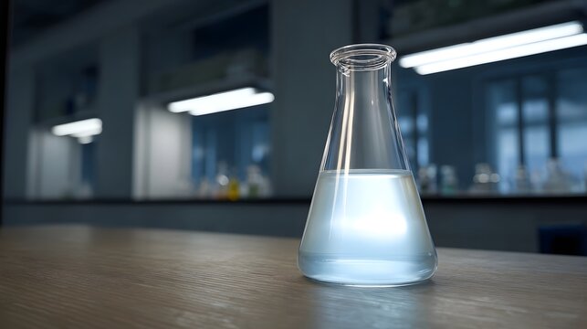 An Erlenmeyer flask containing clear liquid rests on a wooden surface in a brightly lit modern laboratory environment