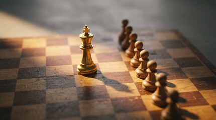 Golden king chess piece standing alone on chessboard against row of opponent pawns in sunlight