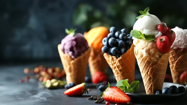 Various ice cream flavors in cones setup heavily defocused dark stone background blueberry strawberry pistachio almond orange and cherry summer and sweet menu concept dessert