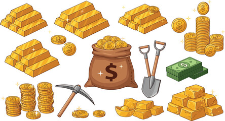 Gold mining and wealth collection vector illustration with bullion bars coins money bag pickaxe and shovel © sahajahan