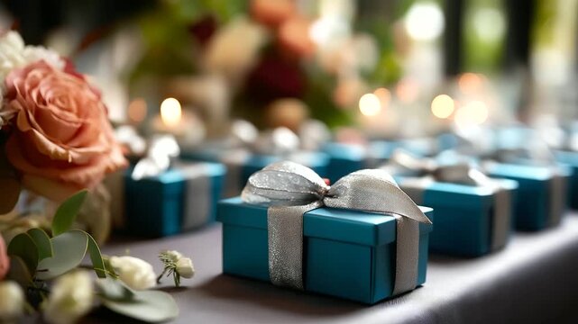 Wedding guest gift setup presentation heavily defocused celebration background event favor arrangement matrimonial reception display special occasion styling with copy space