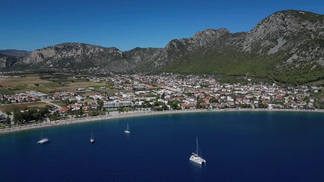 Drone Moving Back Beachfront &Ouml;ren Holiday Village in Fethiye Mugla