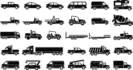 Vehicle silhouettes collection, trucks vans cars pickup trailer transport set, commercial delivery construction utility transport icons isolated on white background illustration © fmfahim creatives