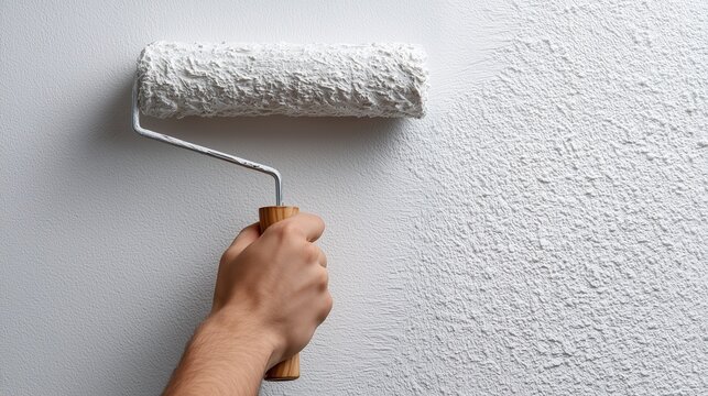 Close-up of a painter's hand holding a roller applying white emulsion paint to a textured wall surface, concept for home improvement, construction industry promotion and DIY renovation projects