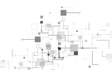 Obraz premium Abstract technology background with a network of interconnected geometric squares. Digital communication and data system concept on a white backdrop.