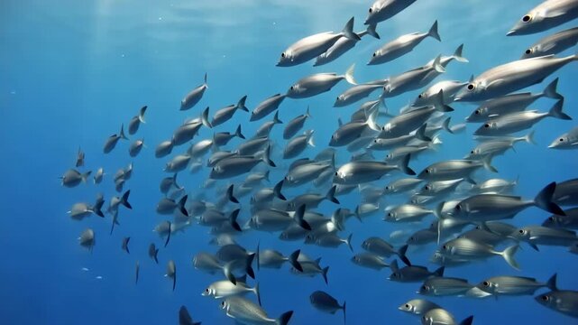 School of silver fish swimming together gracefully undersea wildlife aquatic scene underwater footage of marine life