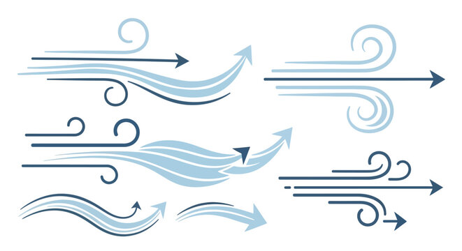 Wind direction arrows, air flow vector icons set