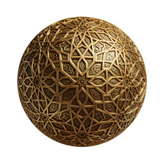 An intricately designed golden sphere with geometric patterns viewed from directly above showcasing technology and art