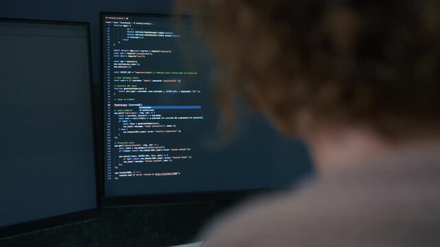 Software Engineer, AI Programmer Software Developing, Focused Female Computer Programmer working on Computer Writing Code, Developing software application looking at Screen in Tech Office at night.
