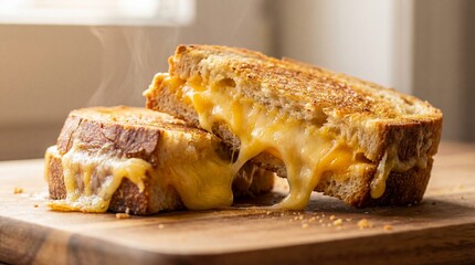 Melted cheesy grilled sandwich on wooden board, steam rising