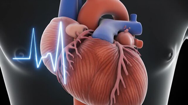 Detailed 3D medical animation of the human heart with visible coronary arteries and ECG waveform overlay