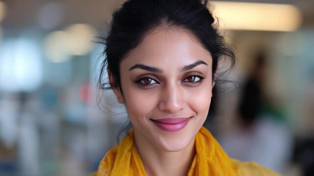 Radiant Portrait: An engaging portrait of a woman exudes warmth and natural beauty, her eyes sparkling with gentle charm.