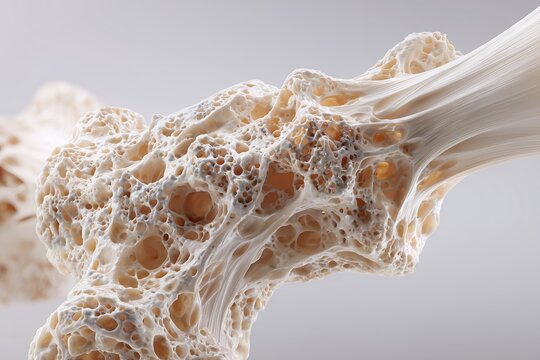 Close-up 3D visualization of highly porous cancellous bone structure indicating severe osteoporosis, concept for medical research, orthopedic anatomy education and healthcare industry advertising