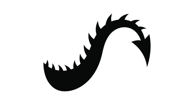 A stark black silhouette of a curved dragon like form with jagged edges against a plain white background silhouette