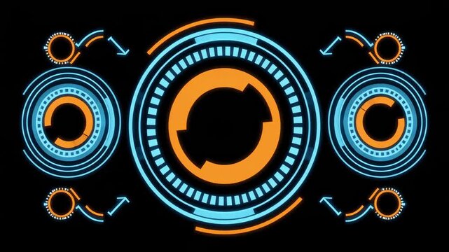 Futuristic HUD Interface with Rotating Circles and Digital Elements on Black Background.