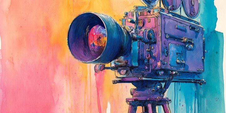 Vibrant watercolor illustration of a vintage film camera in blue and purple hues on a colorful abstract background, concept for cinema industry, film festival promotion and media production