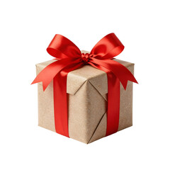 Fototapeta premium Simple present wrapped with plain brown paper and bright red ribbon on white background