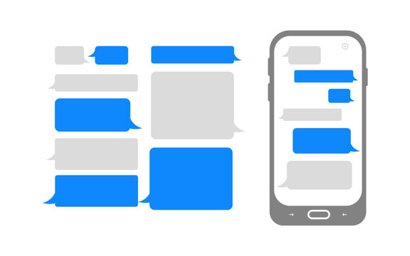 A set of blank vector chat bubbles and a smartphone mockup displaying a messaging app interface. A versatile template for communication, social media, and UI design concepts.