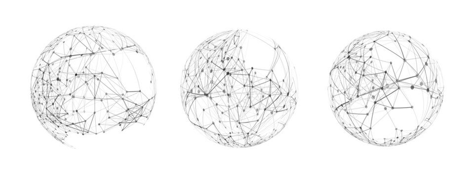 A set of three abstract, futuristic spheres representing a global network. Digital wireframe globes symbolizing technology, data, and business connections.