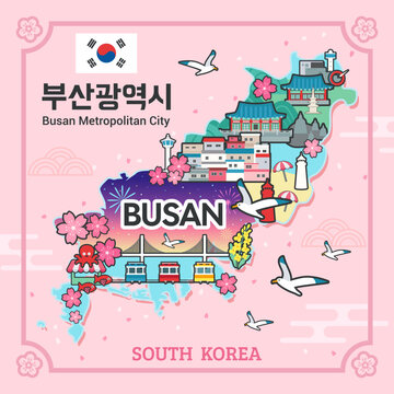 Busan Tourist Map Vector illustration. Tourist attractions on the Busan city map. Korean Translation: " Busan Metropolitan City "