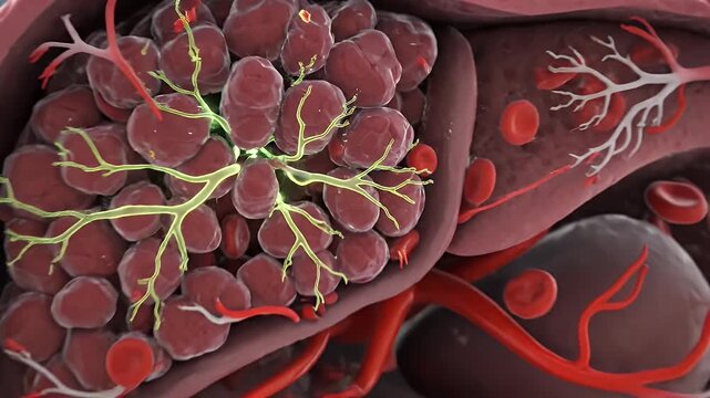 Detailed CGI Flythrough of Liver Lobules with Hepatocytes and Sinusoids Blood Flow Educational Medical Animation