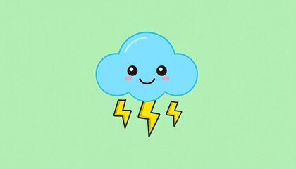 A cartoon cloud with a friendly face, emitting three yellow lightning bolts against a light green background. Its design is clean and simple