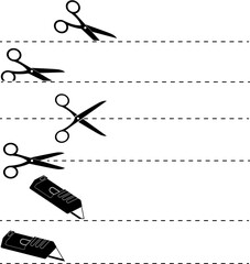 Icons show scissors and utility knives cutting along dashed lines in a clear layout