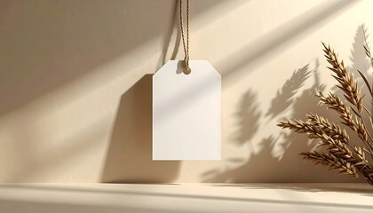 A blank white price tag suspended from twine hangs in a soft, sunlit room, with a delicate bunch of dried wheat on the right