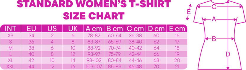 This chart displays standard women's t shirt sizes with measurements in centimeters and inches