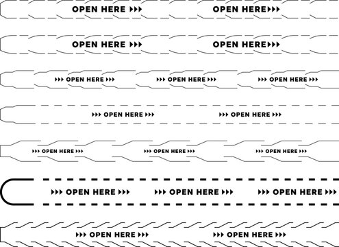 Seven designs of tear strips with open her text and dashed line patterns for packaging use