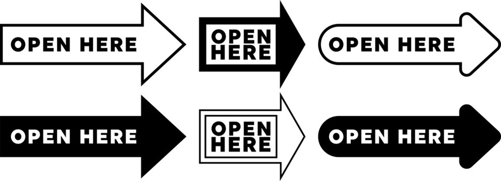 Signs showing open here arrows in different styles for guiding users on package opening