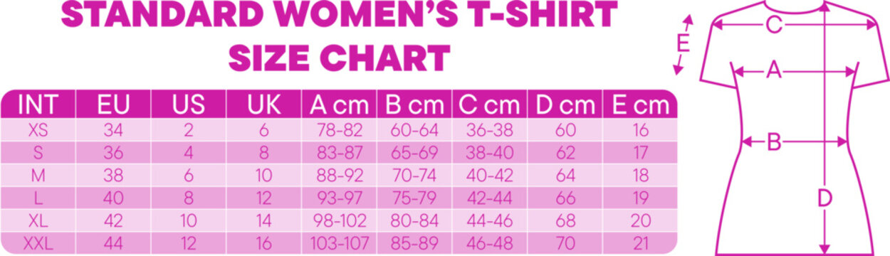 This chart displays standard women's t shirt sizes with measurements in centimeters and inches