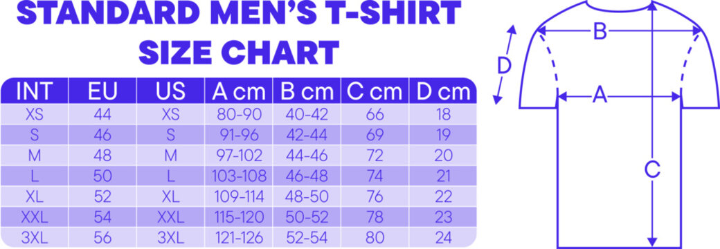 Standard men's t shirt size chart with measurements and diagram shown in blue color