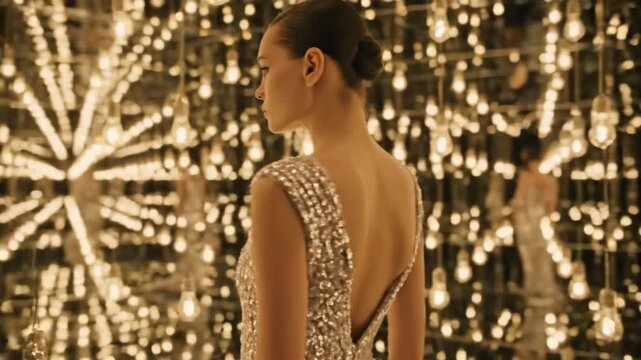 Elegant woman wearing silver sequin gown walking infinity mirror room golden hanging light bulbs. Magical luxury fashion installation slow motion.