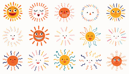 Fototapeta premium Very beautiful hand-drawn doodle sun collection showcasing smiling cartoon faces and playful ray variations in clean outline style, perfect for children’s books, classroom materials, and cheerful crea