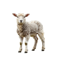 Fototapeta premium Fluffy lamb stands isolated against a plain white backdrop looking forward