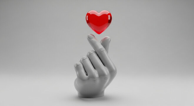 3D rendering of a stylized grey hand making a finger heart gesture with a glossy red heart floating above, isolated on a clean grey background