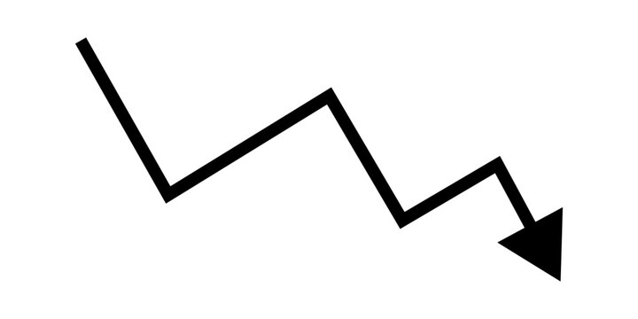 Graphic illustration of a black arrow showing a significant decrease or negative performance in business metrics.