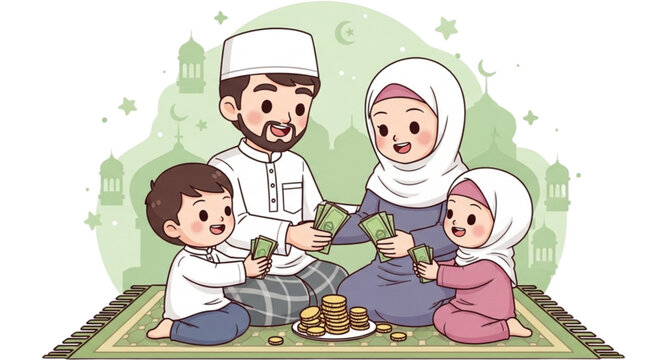 Happy Eid Al-Fitr Family Sharing Eidi Money Vector Illustration