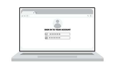 Login form on laptop screen. Laptop with login and password page. Username and password fields. User authorization on web browser window on computer.