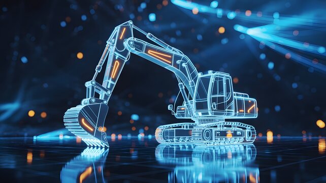 3D Digital Rendering of an Excavator with Futuristic Blue and Orange Lighting Effects