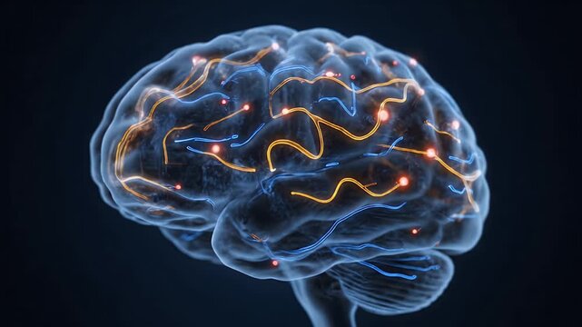 Digital visualization of neural network activity within a translucent human brain model glowing with orange and blue