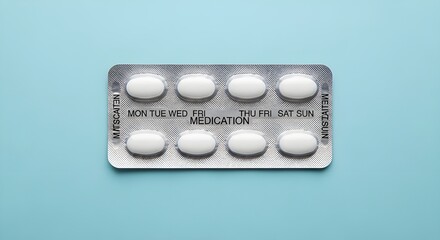 A pill blister pack with days of the week (MON-SUN) printed on it, containing white tablets. Concept for healthcare compliance and medical treatment.
