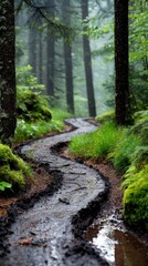 Fototapeta premium Misty Forest Trail Winding Through Dense Woods With Towering Pine Trees After Rainfall On A Gloomy Overcast Day Creating A Serene And Mysterious Atmosphere
