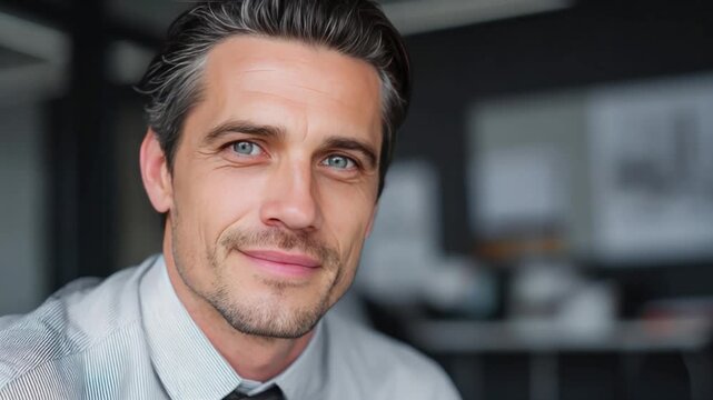 Confident gaze: A charismatic gentleman in business attire, emanating self-assurance and approachability, makes direct eye contact, conveying professionalism and warmth.