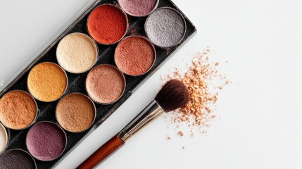 Flat lay eyeshadow palette with brush and powder