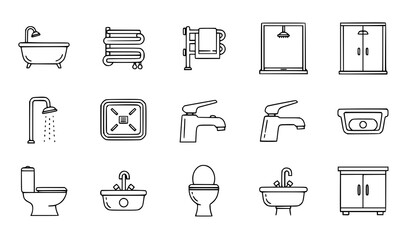 Sanitary Ware and Plumbing Outline Icons Set Bathroom Fixtures Editable Stroke Vector on White Background